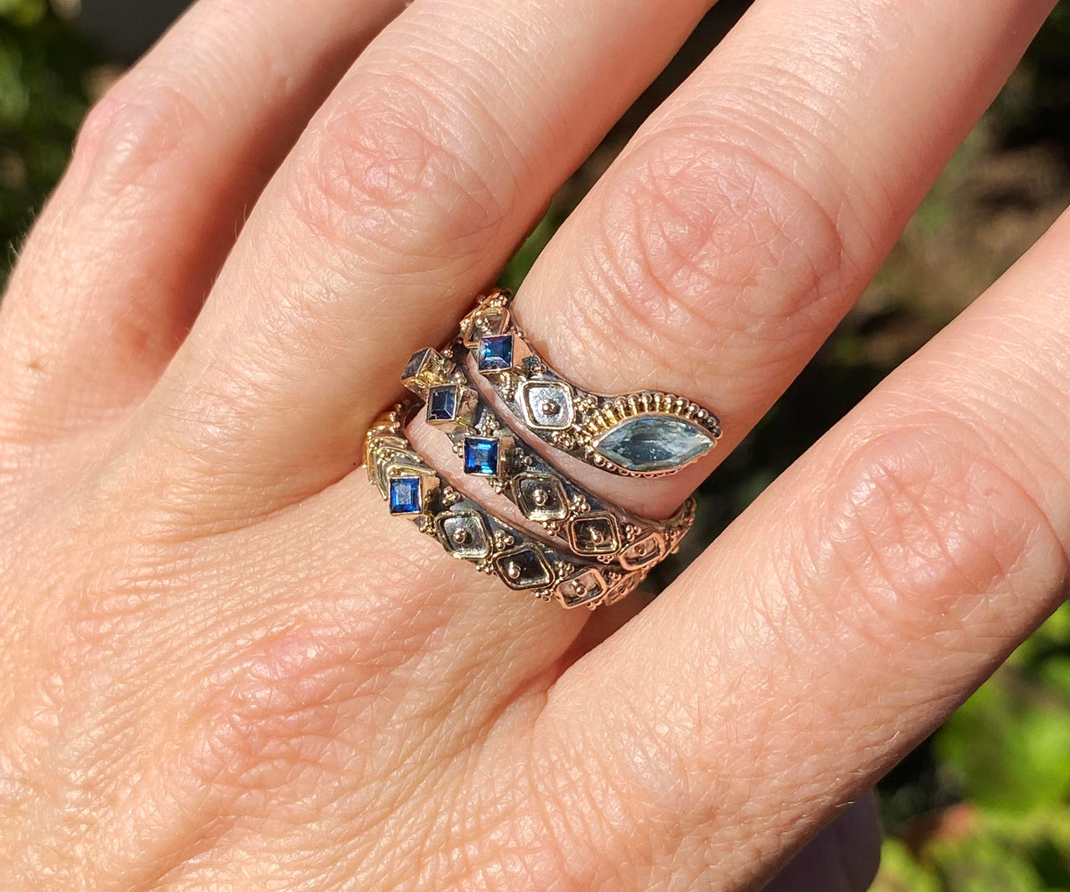 Anillo Kundalini Aguamarina y Zafiros