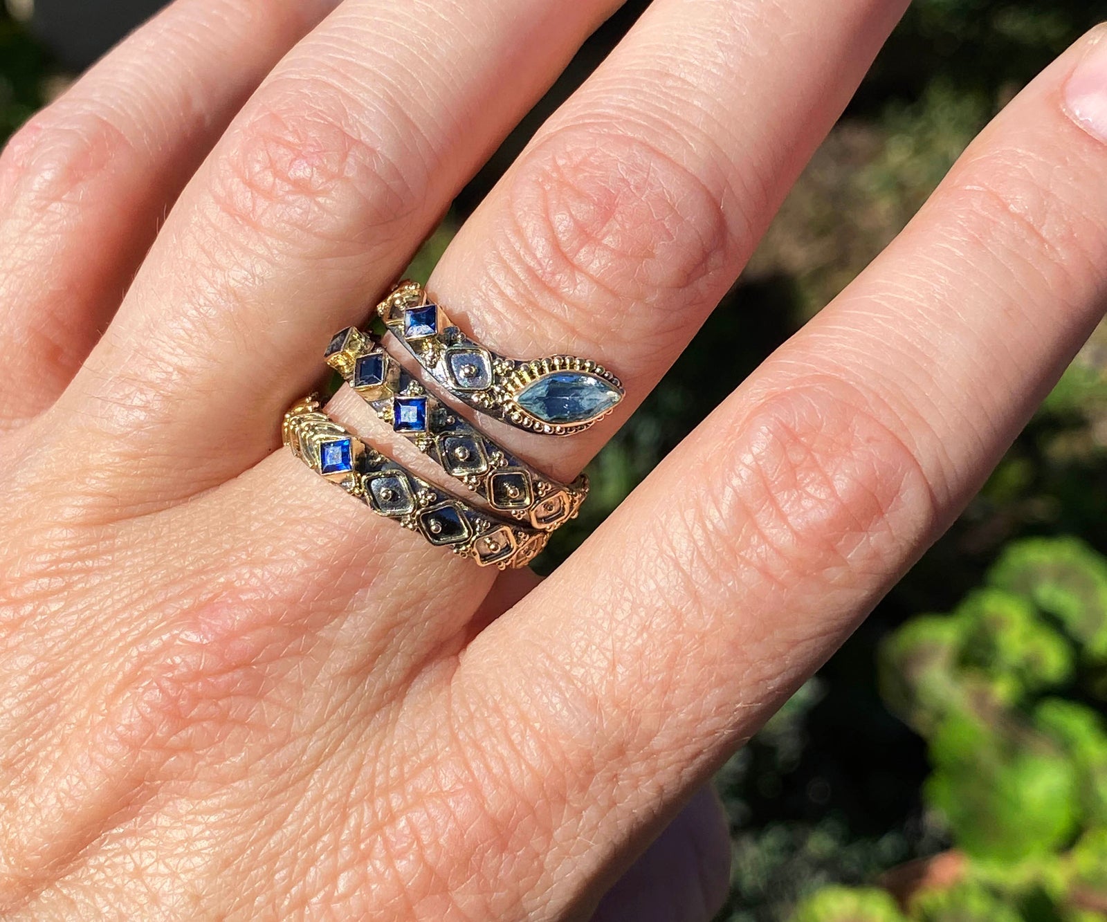 Anillo Kundalini Aguamarina y Zafiros