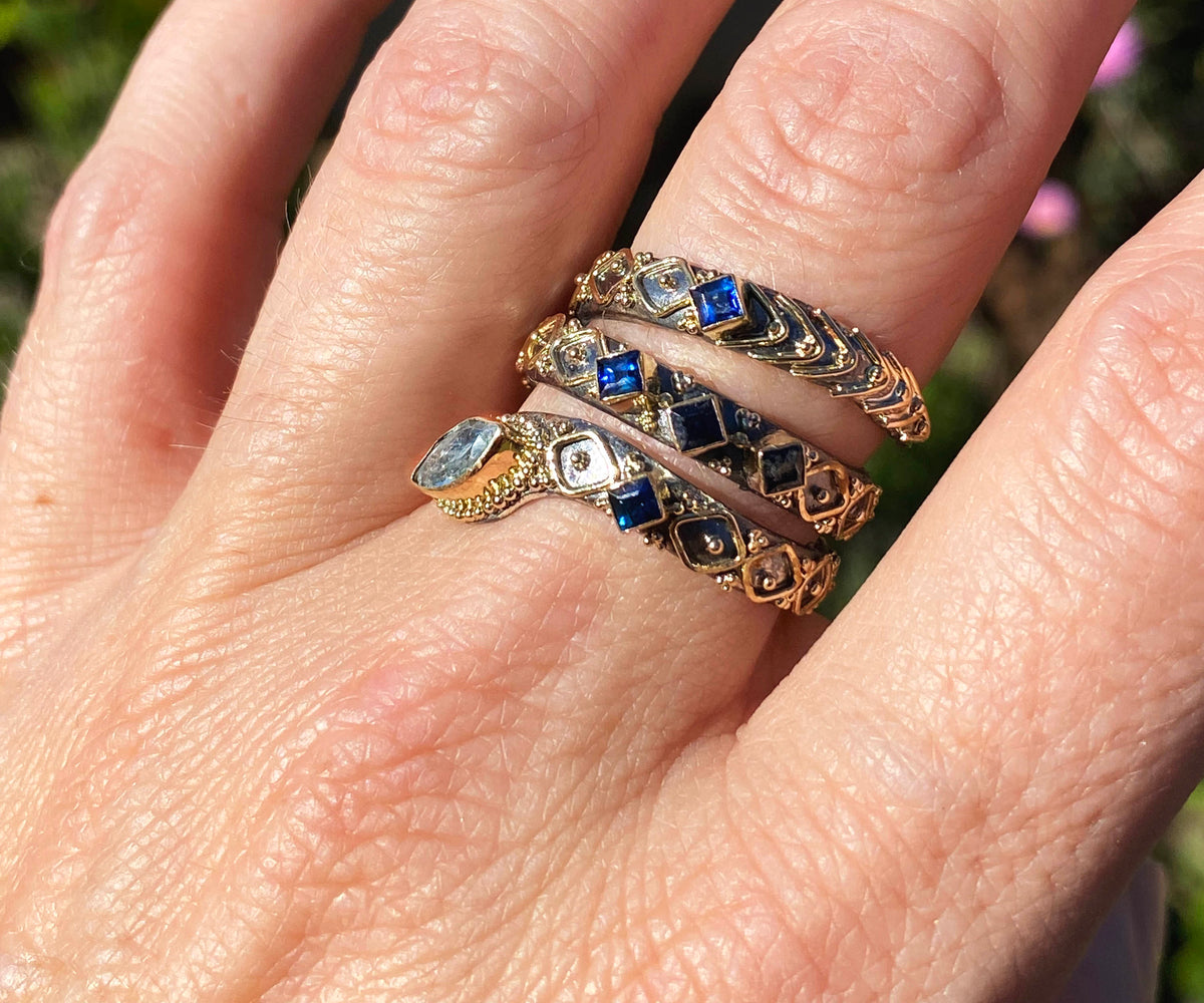 Anillo Kundalini Aguamarina y Zafiros