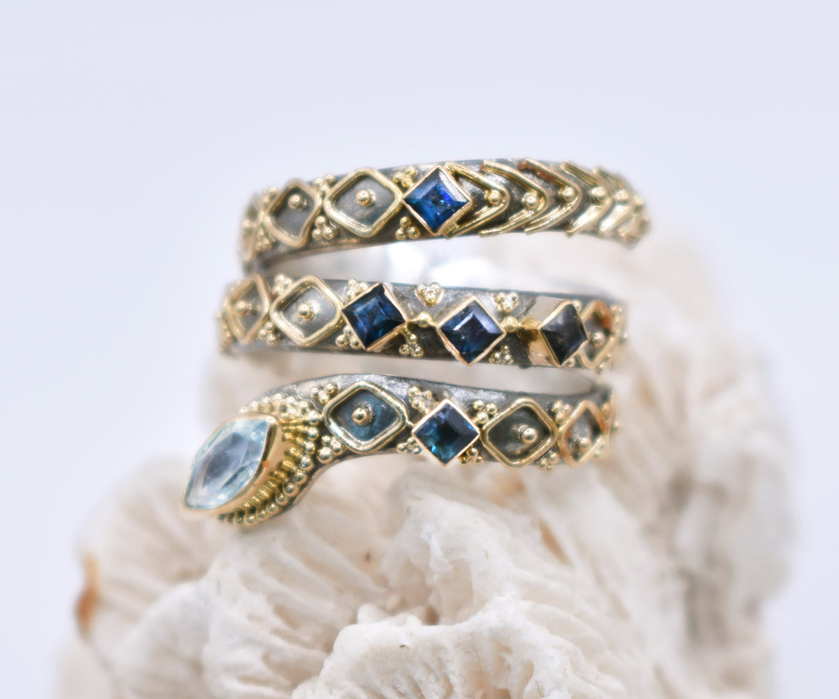 Anillo Kundalini Aguamarina y Zafiros