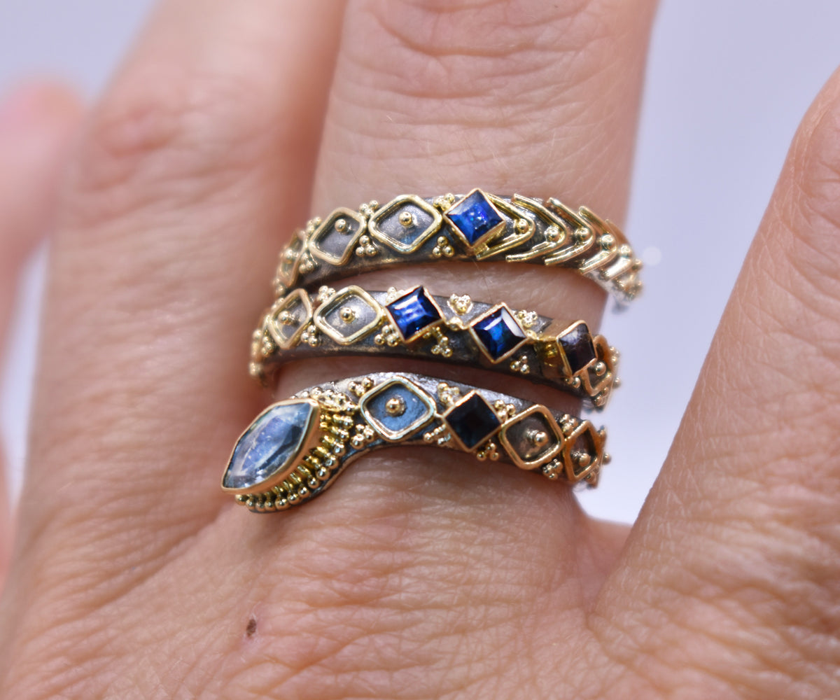 Anillo Kundalini Aguamarina y Zafiros