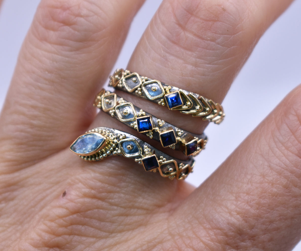 Anillo Kundalini Aguamarina y Zafiros