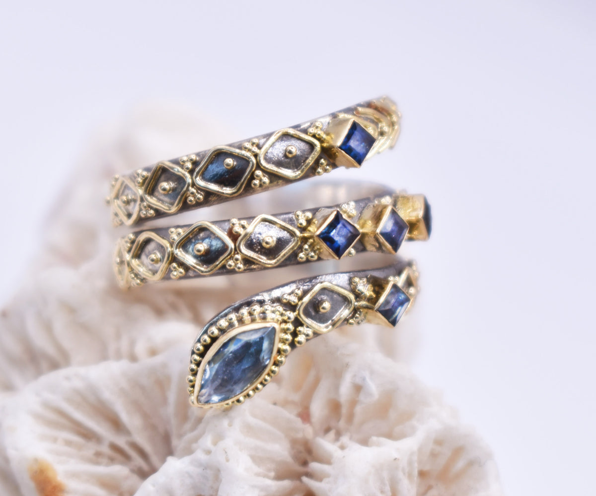 Anillo Kundalini Aguamarina y Zafiros