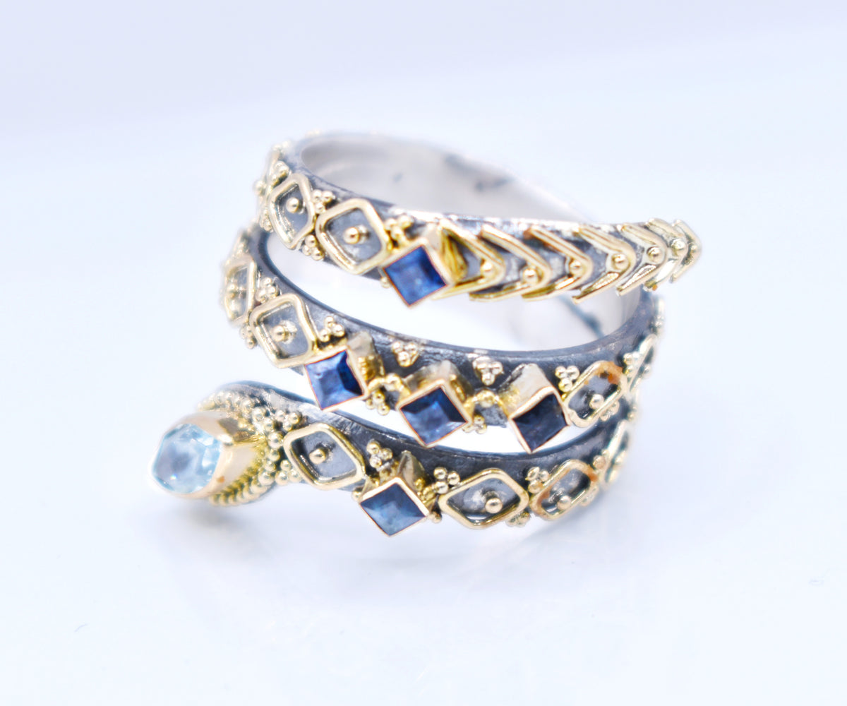 Anillo Kundalini Aguamarina y Zafiros