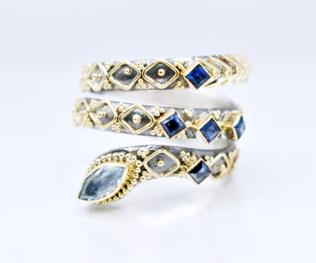 Anillo Kundalini Aguamarina y Zafiros